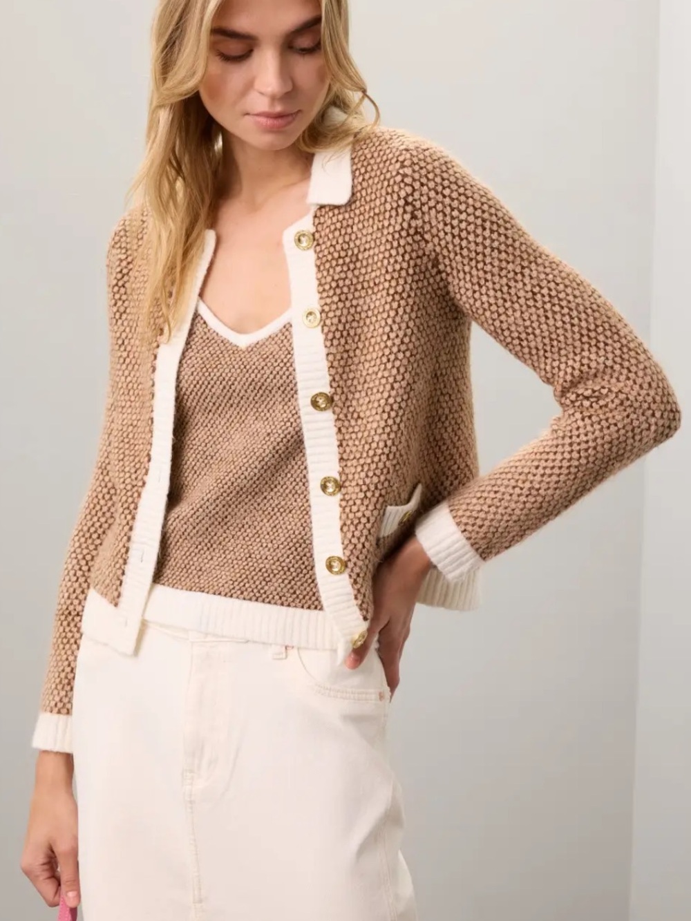 Lilly Pulitzer Cormac Sweater Set Brown Tan Knit Cream Trim Gold Tone Buttons -S